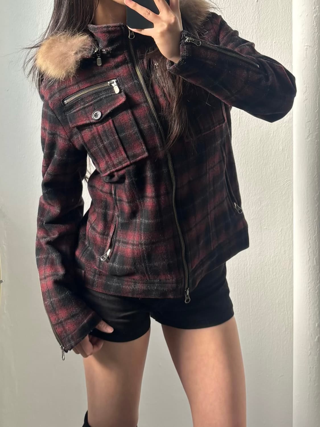 Japanese Vintage Check Fur Hood Jacket 상품이미지2