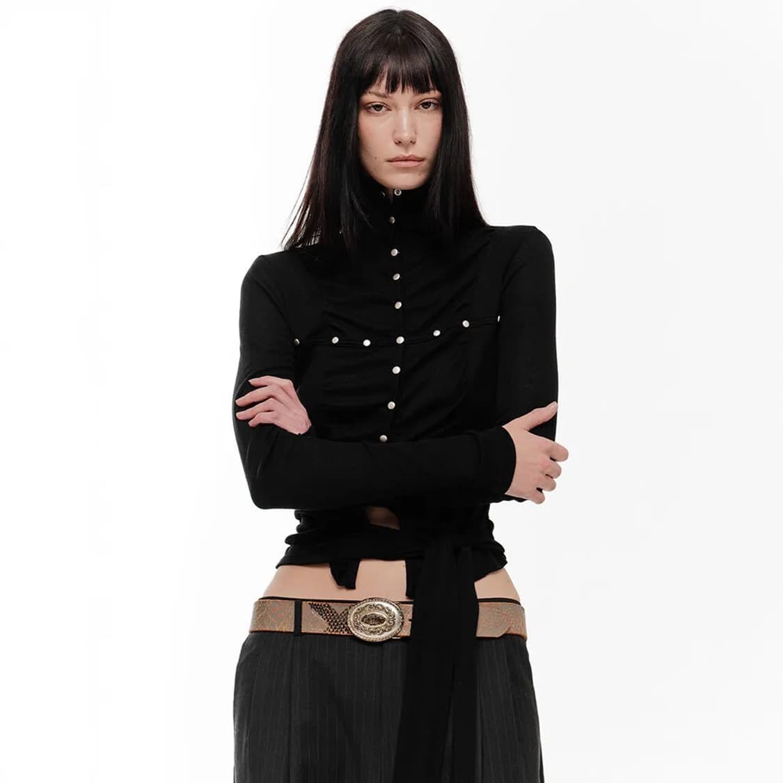 2000 Archives 레나 셔링 하이넥 탑 긴팔 티셔츠 상품이미지1