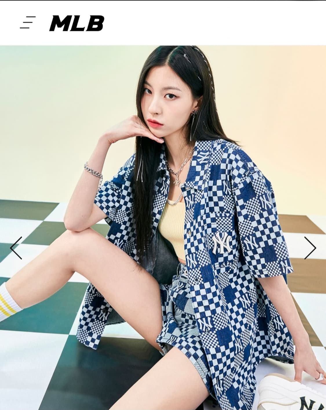 엠엘비 MLB 공용 체커보드 데님 숏슬리브 셔츠 반팔 데님셔츠 상품이미지1