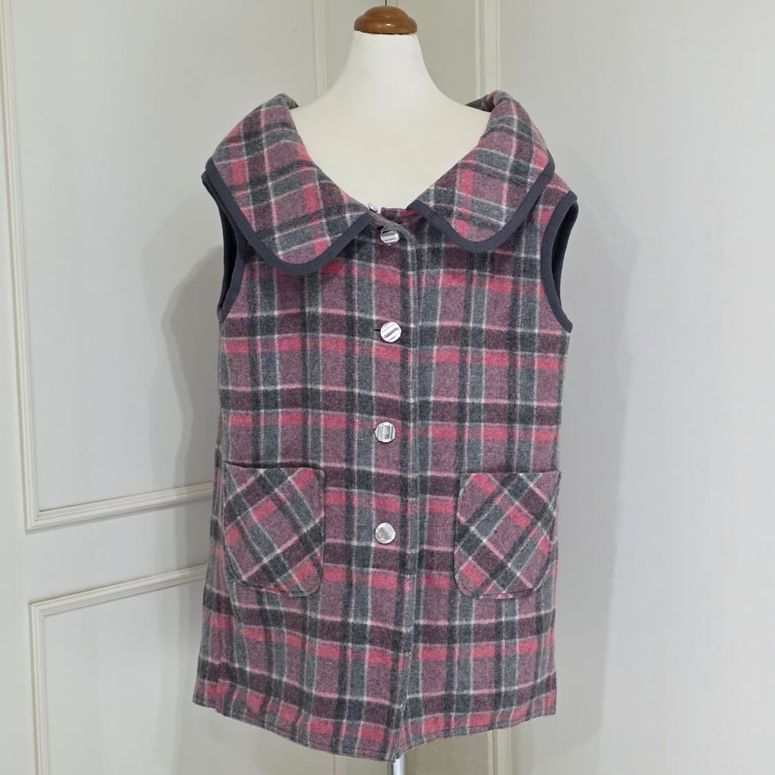 일본빈티지)리버시블 핑크x그레이 체크 모리걸st 로맨틱 베스트 상품이미지1