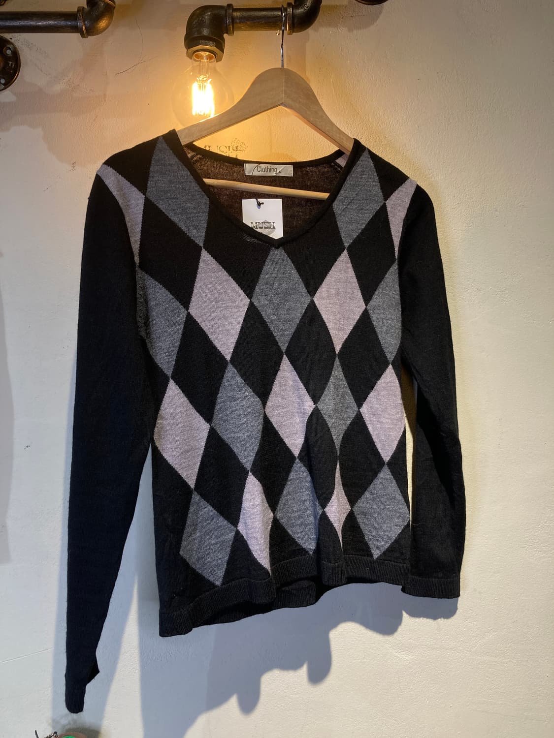 아가일 울,아크릴 혼방 브이넥 슬림 니트  상품이미지1