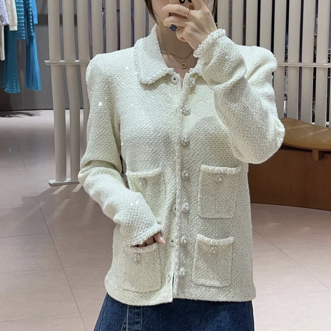 셀프 포트레이트 펄 버튼 시퀸 트위드 니트 자켓 상품이미지3