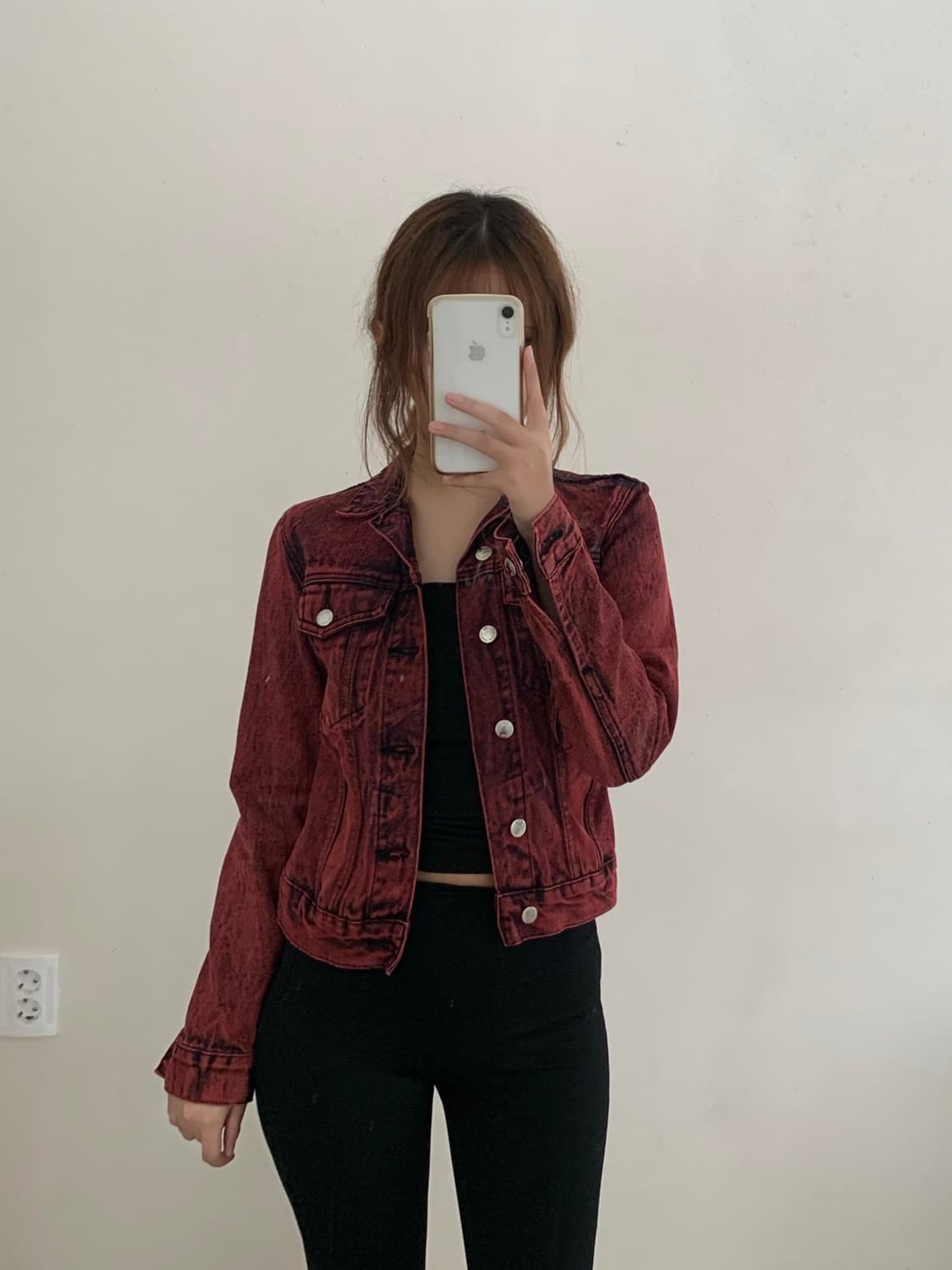 락시크 펑크룩 레드 데님 크롭 자켓 빈티지 청자켓 상품이미지1