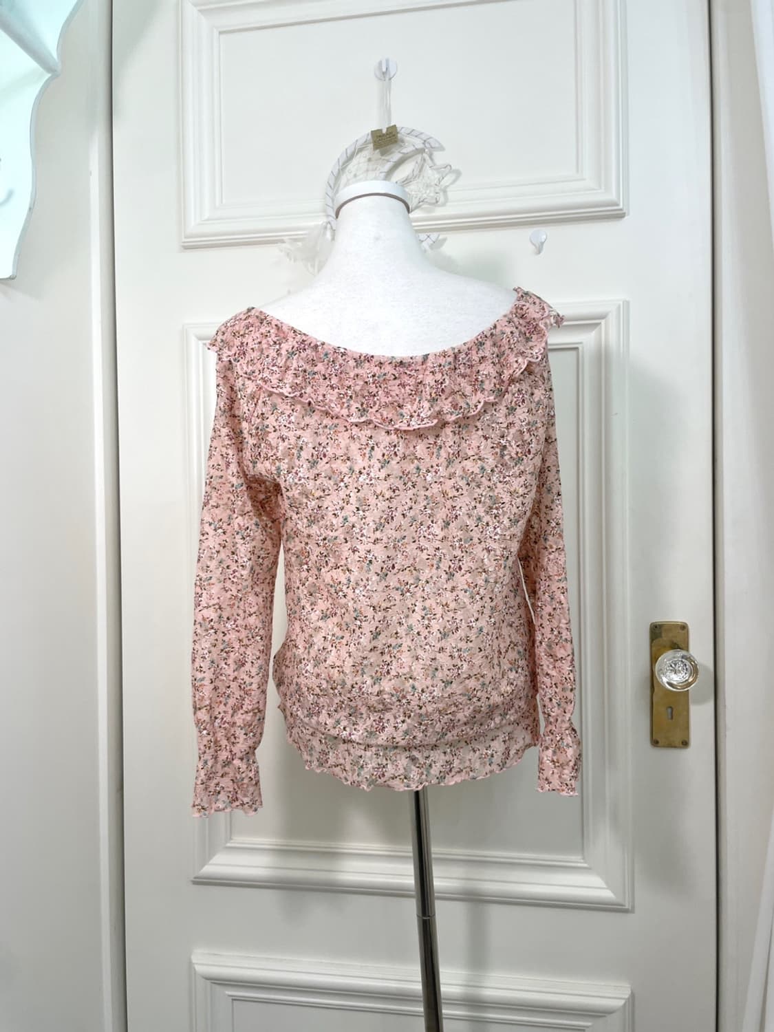 pink flower lace bow point spring blouse 상품이미지3