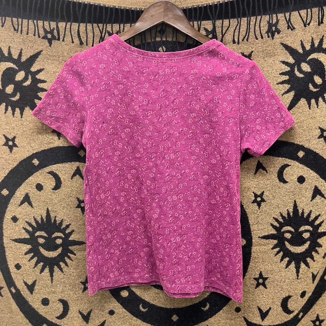 빈티지 레트로 페미닌 잔꽃 딥 퍼플핑크 스프링 스판 반팔티 K0047 상품이미지4