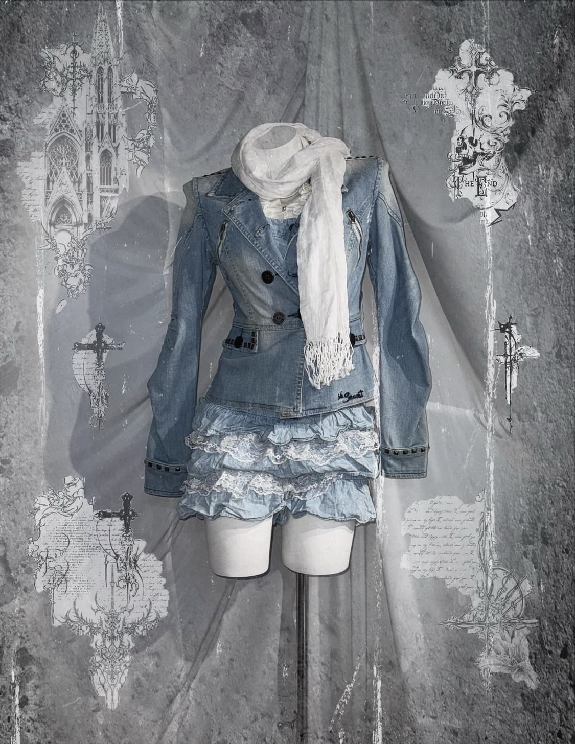 스터드 데님 화이트 캐주얼 히메 갸루 펑크 코디세트 상품이미지1