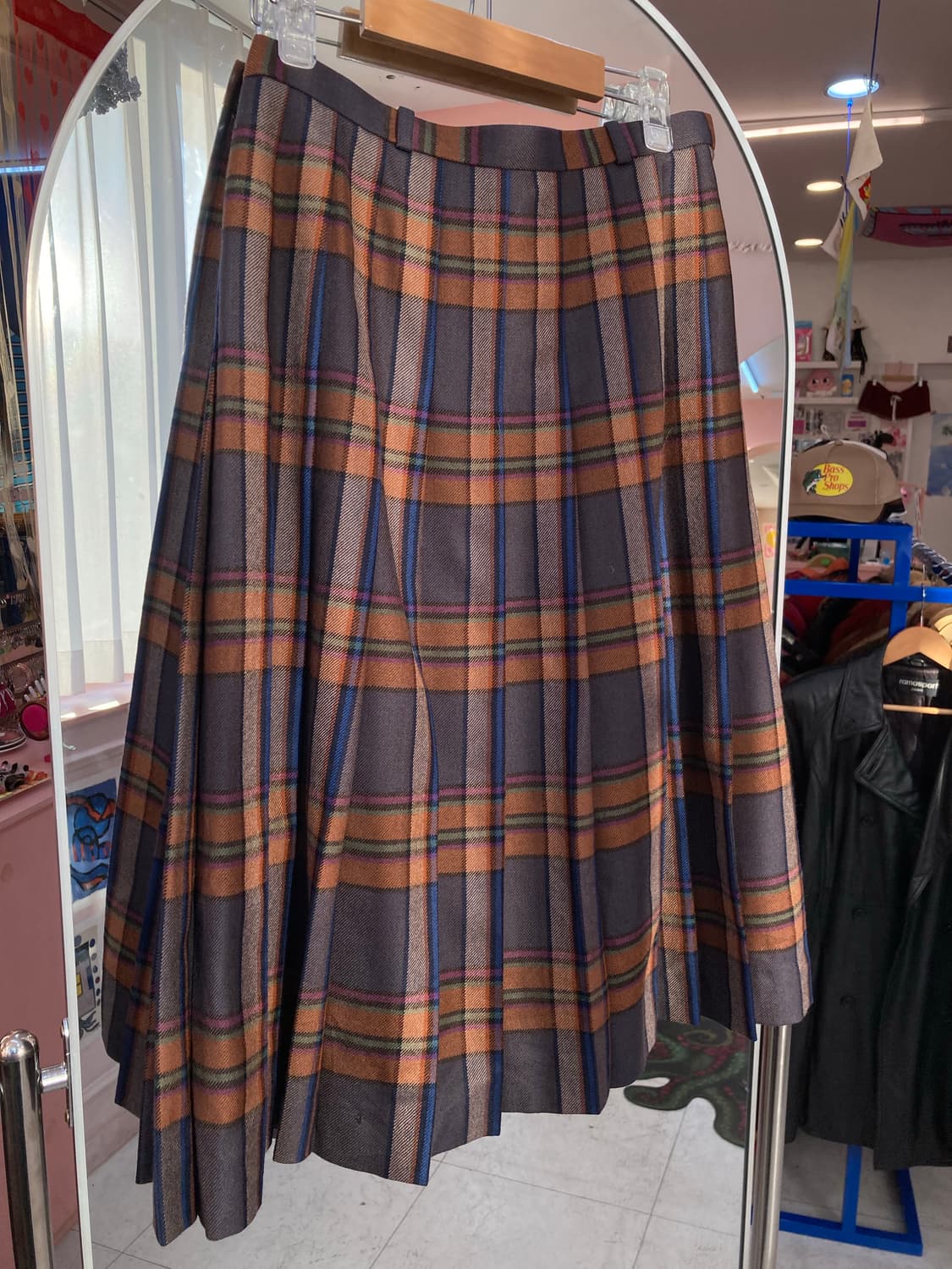 빈티지 울 브라운 체크 플리츠 미디 스커트 상품이미지4