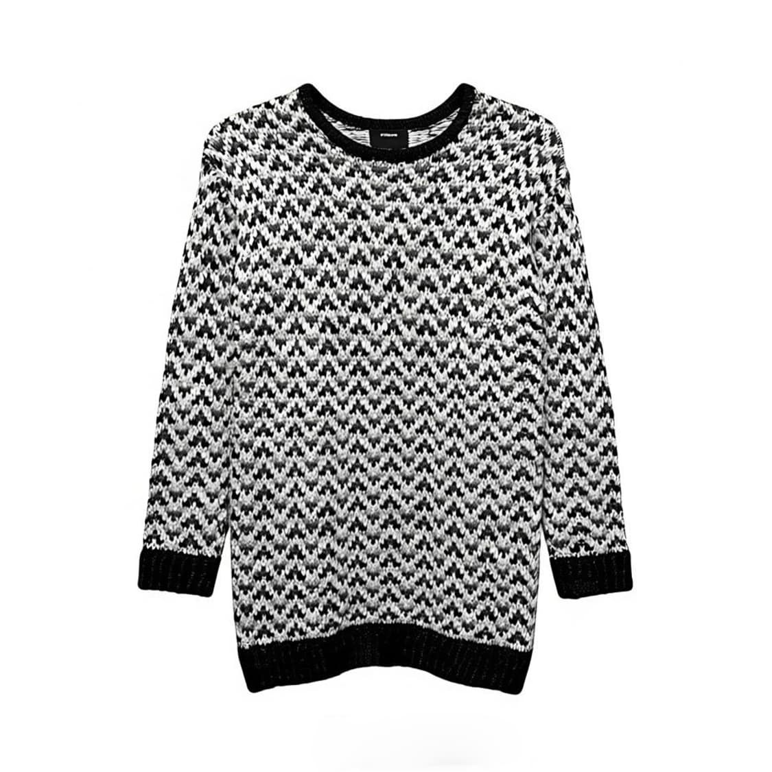 JPN VINTAGE 롱 니트 헤링본 패턴 라운드넥 디테일 화이트 블랙 상품이미지1