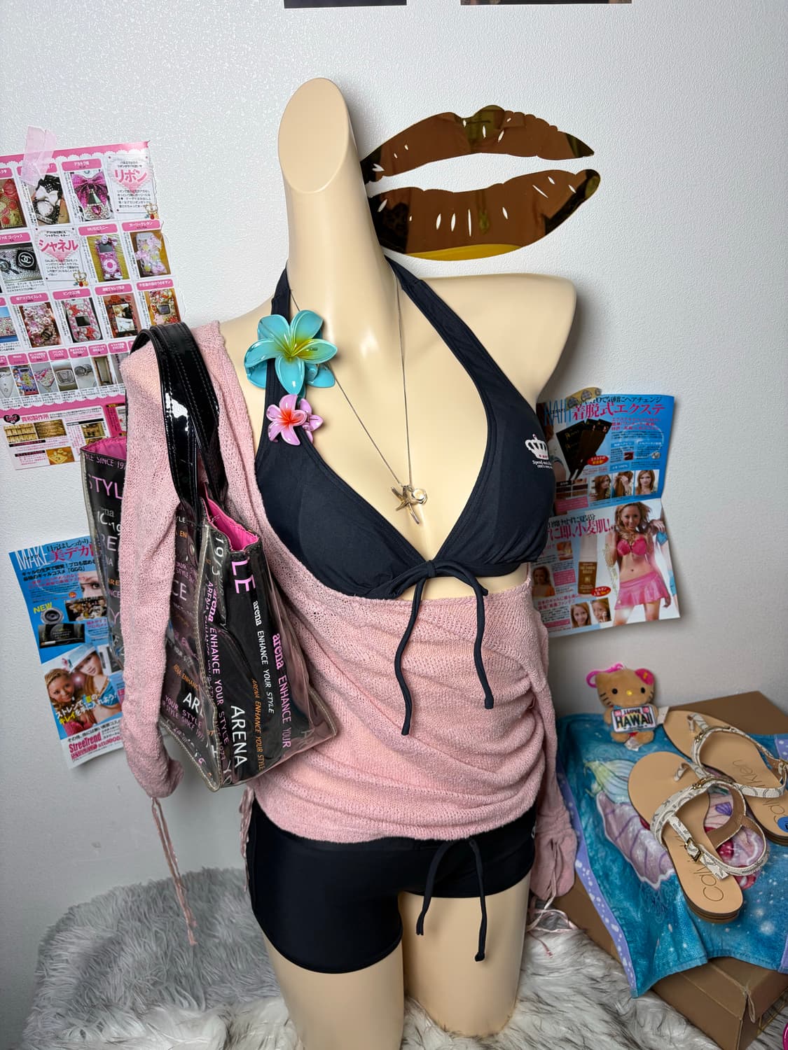 Set) 블랙 핑크 crown큐빅 비키니 세트 (3pcs) 상품이미지2