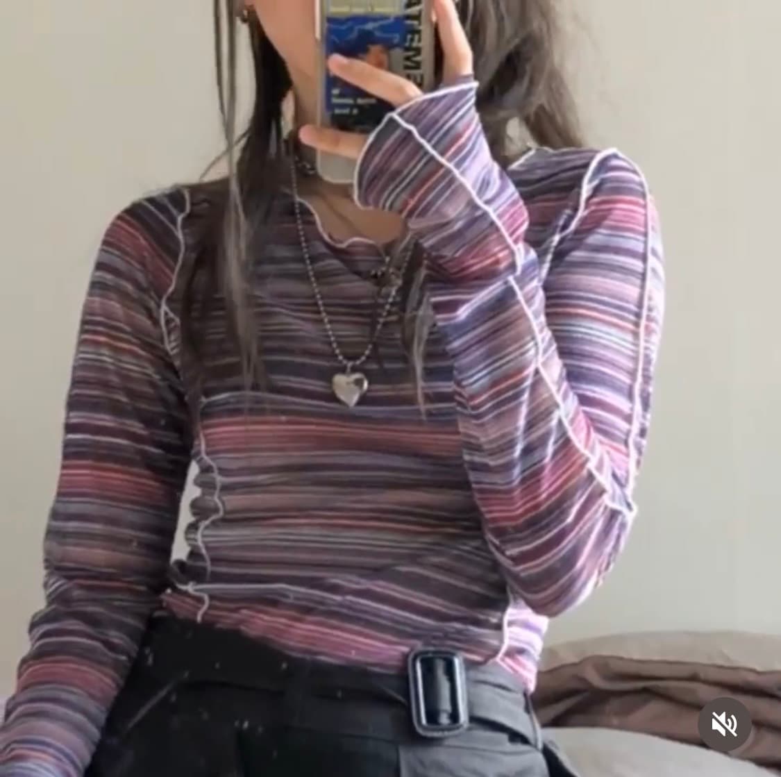 Aeeau 스트라이프 시스루 탑 롱슬리브 긴팔 상품이미지2