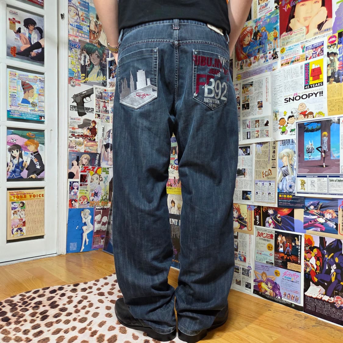 후부 버건디 자수 진청 데님 와이드 팬츠 상품이미지1