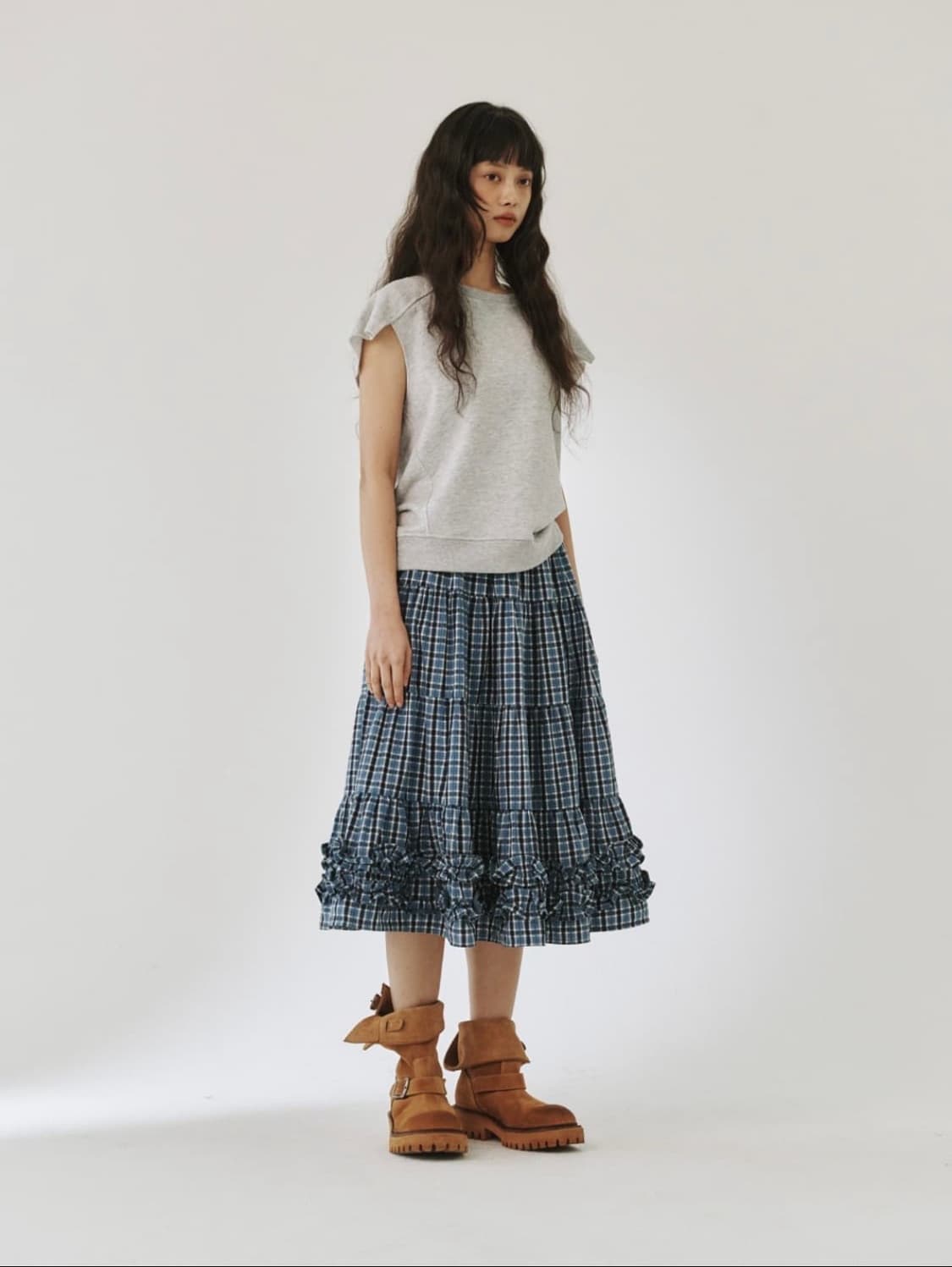 플리즈 프로젝트 미들 프릴 스커트 블루 체크 상품이미지2