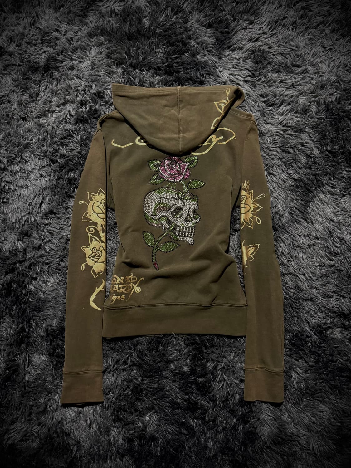 Ed Hardy 카키 올드스쿨 장미 프린팅 큐빅 디테일 후드집업 상품이미지2