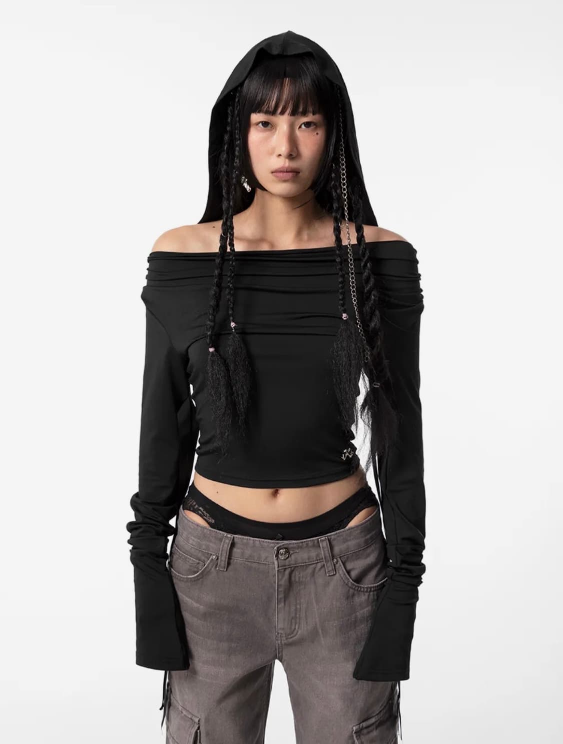 YEEL(leey) HOODIE RIBBON DRAPE TOP BLACK 상품이미지1