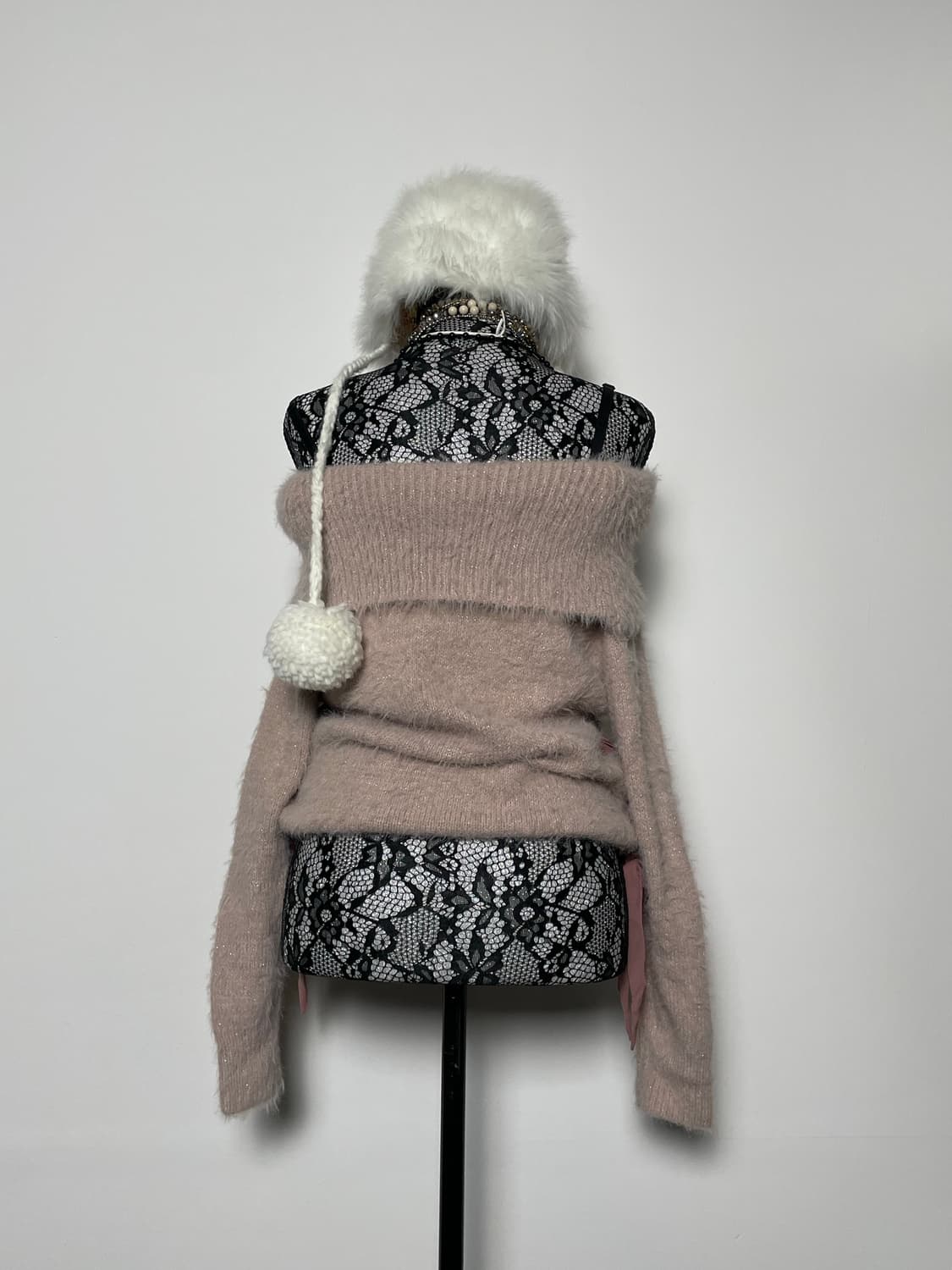 Jpn 아일렛 리본 히메갸루 퍼 오프숄더 핑크 니트 상품이미지4