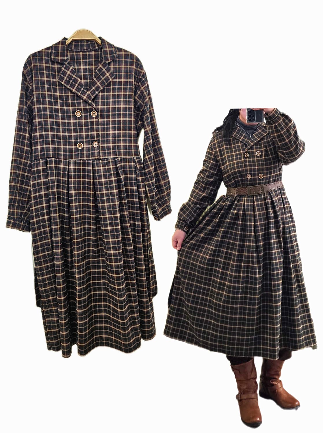 Japan 카키 체크 핀턱 OPS 상품이미지1