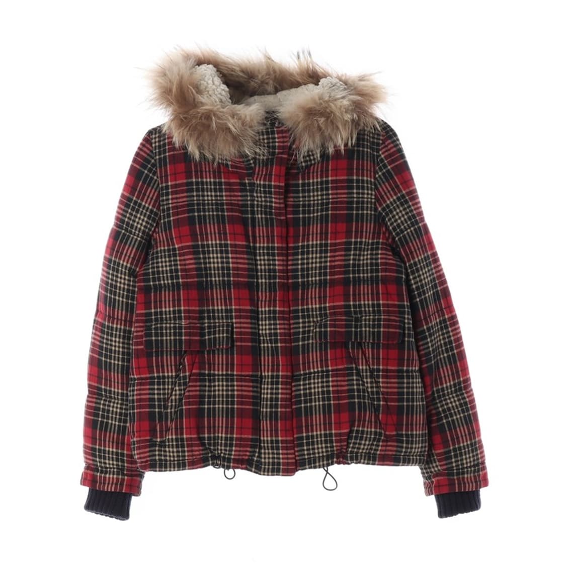 엠폴햄 리얼 라쿤 퍼 타탄 체크 후드 숏패딩 M 상품이미지1