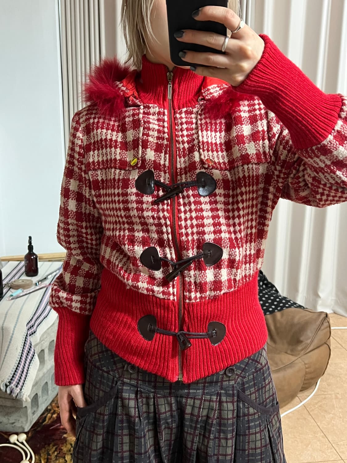 빈티지 떡볶이단추 체크 모직 블루종 자켓 상품이미지1