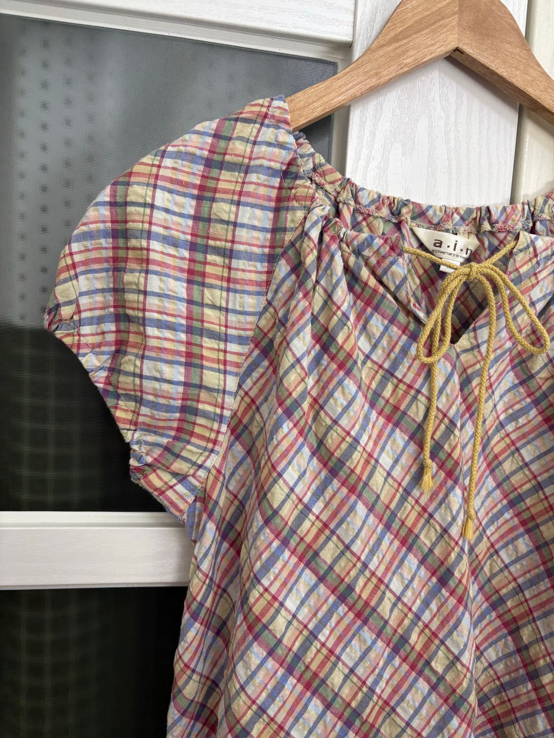 다채색 체크 반소매 블라우스 상품이미지3