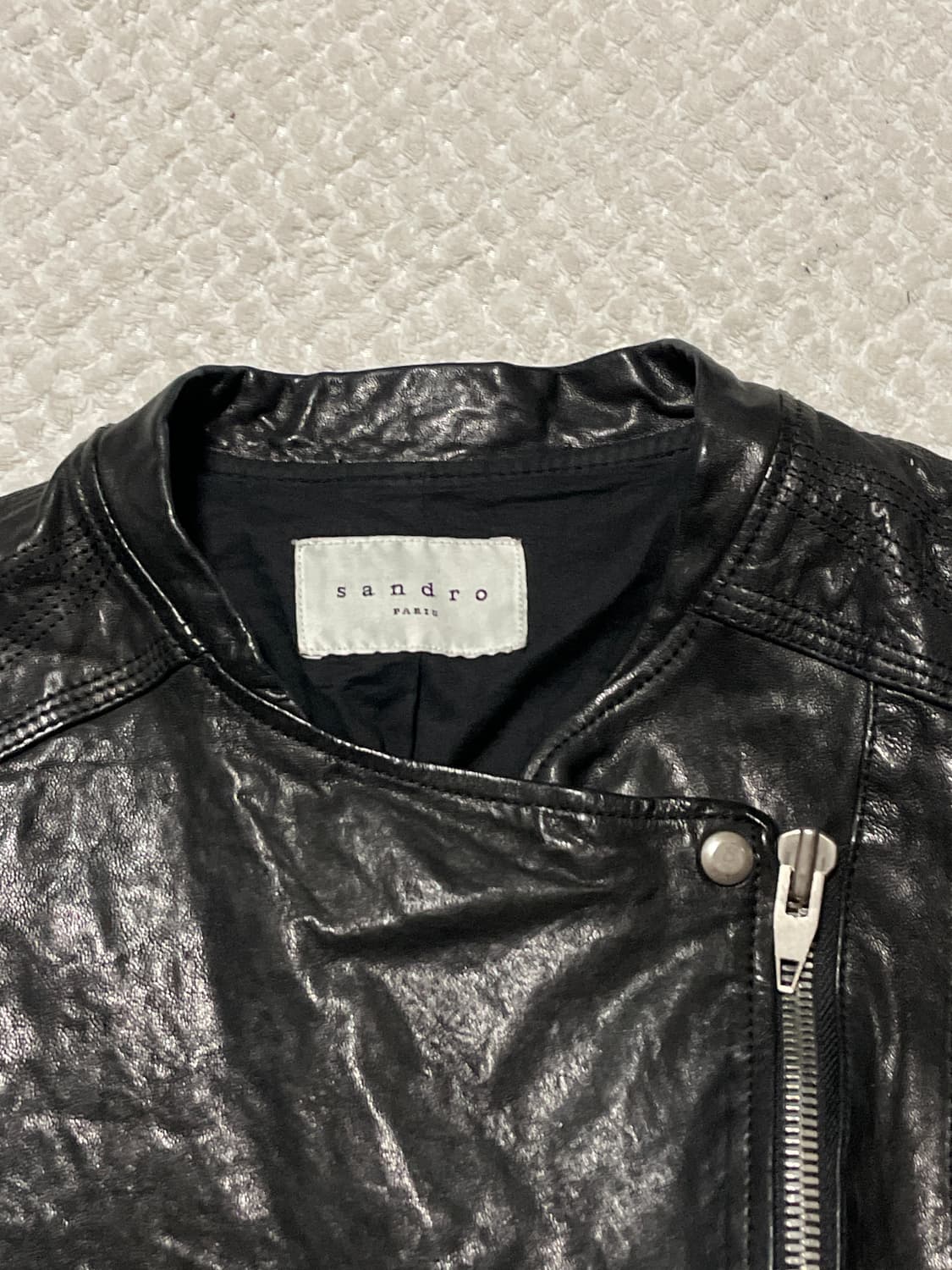 SANDRO Y2K 웨스턴 무드 램스킨 양가죽 바이커 절개 레더 자켓 상품이미지5