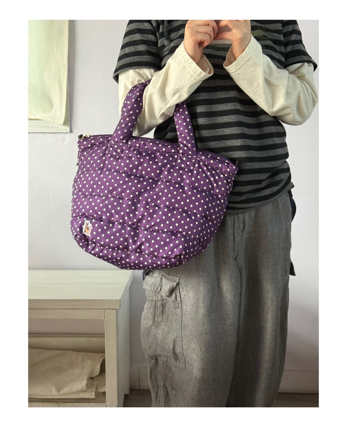 패딩 도트백 포도색 보라색 땡땡이 가방 토트백 일본빈티지 상품이미지3