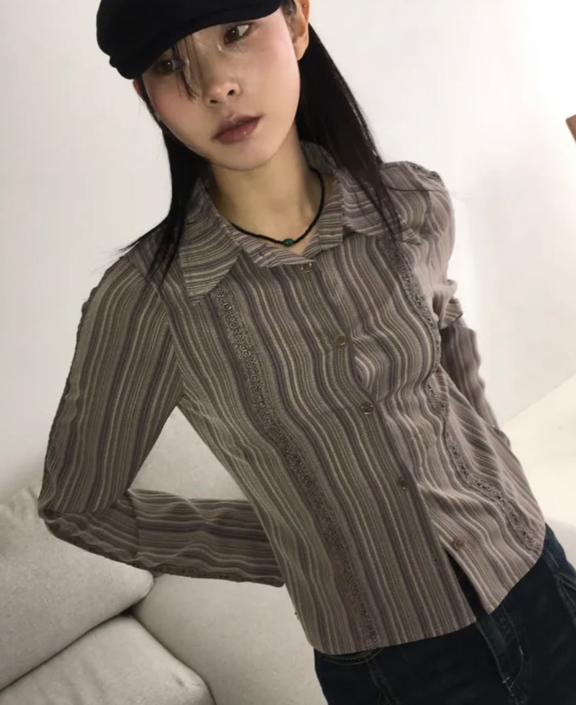 원더원더 도우 빈티지 스트라이프 레이스 슬림 셔츠 상품이미지1