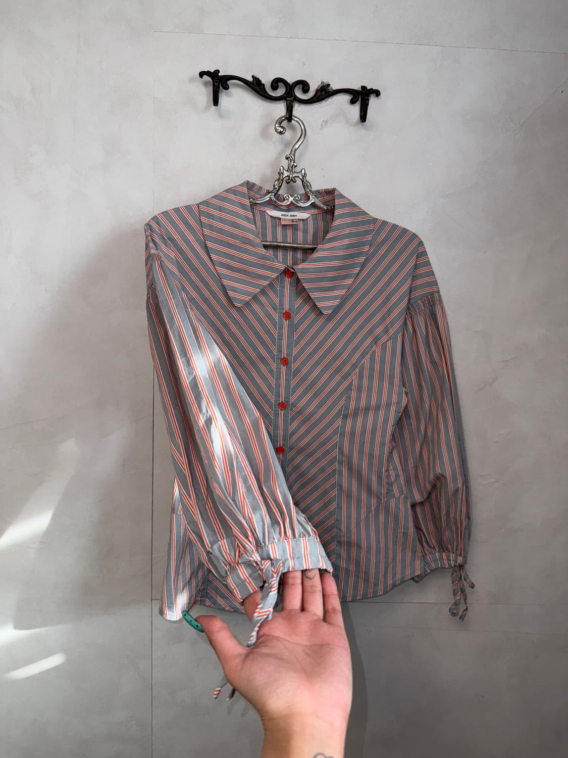 Orange gray stripe balloon puff blouse 상품이미지2