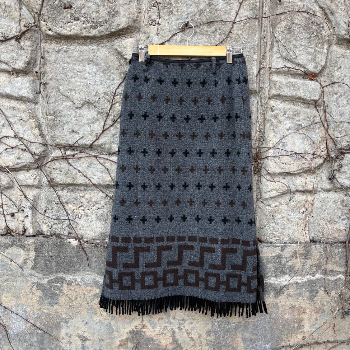 패턴 프린지 니트 히피 모리 보헤미안 울 롱 랩 에스닉 빈티지 여성 치마 상품이미지2