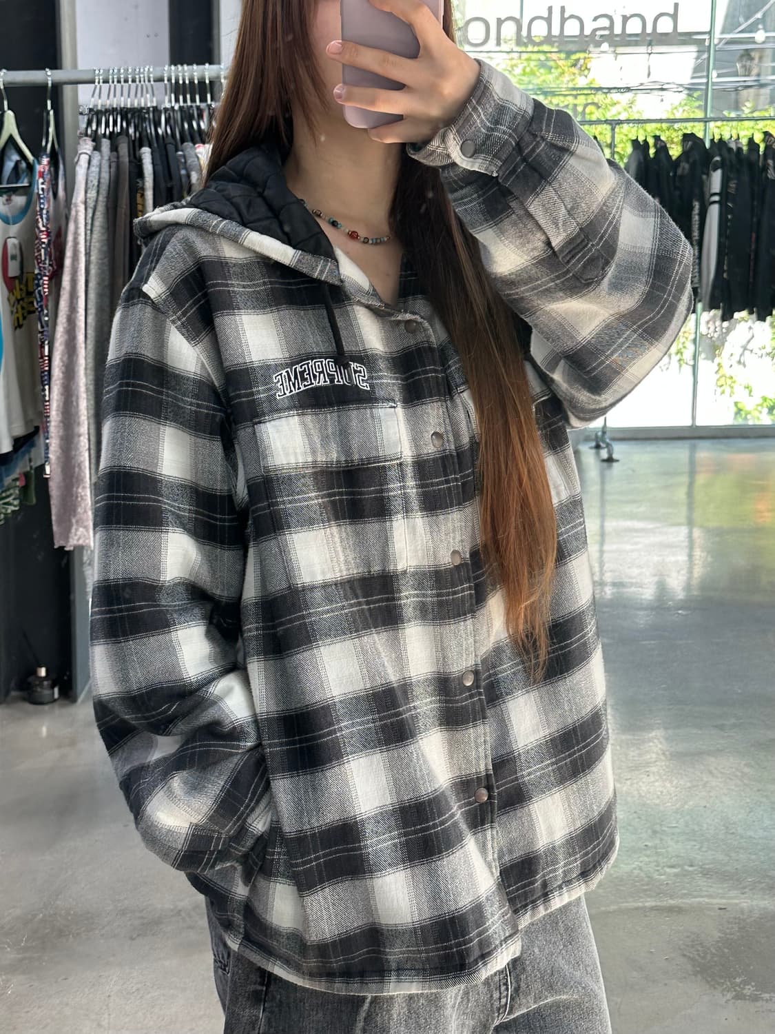 슈프림 19FW 퀄티드 후디 플레이드 셔츠 블랙 상품이미지3