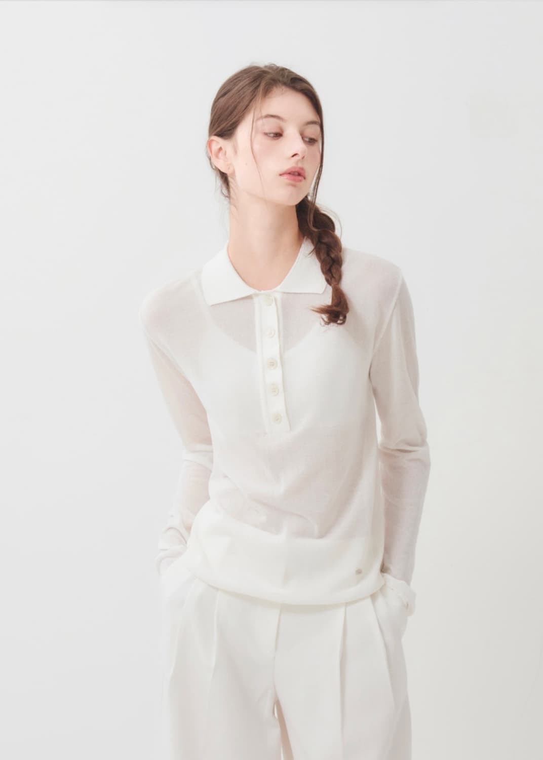 에브모우 쉬어 롱슬리브 폴로 니트 아이보리 새상품 상품이미지3