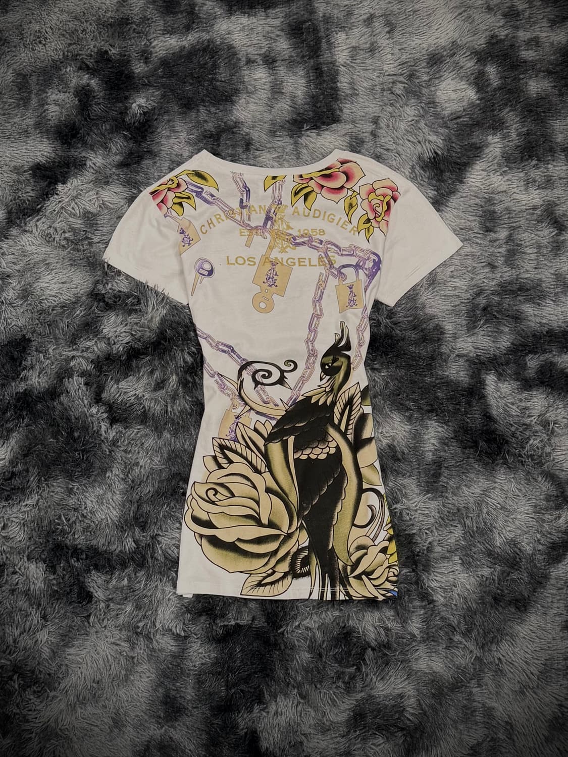 Christian Audigier 피콕 & 로즈 그래픽 반팔 티셔츠 상품이미지2