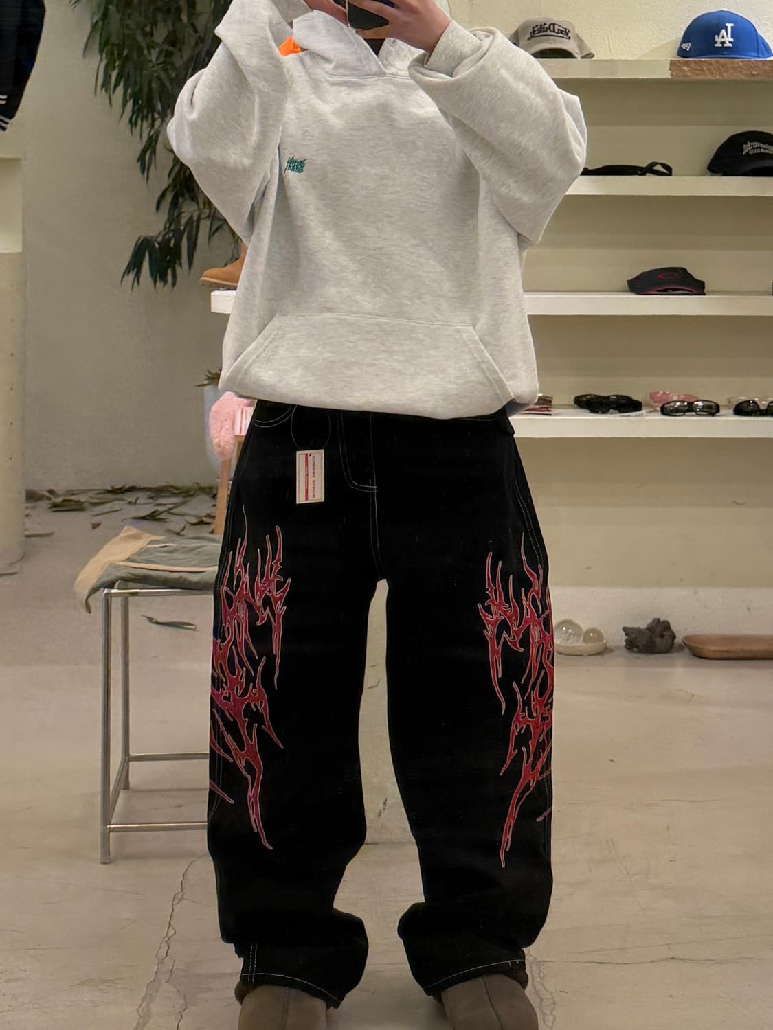 빈티지 플레임 자수 블랙 데님 팬츠 U449 상품이미지1