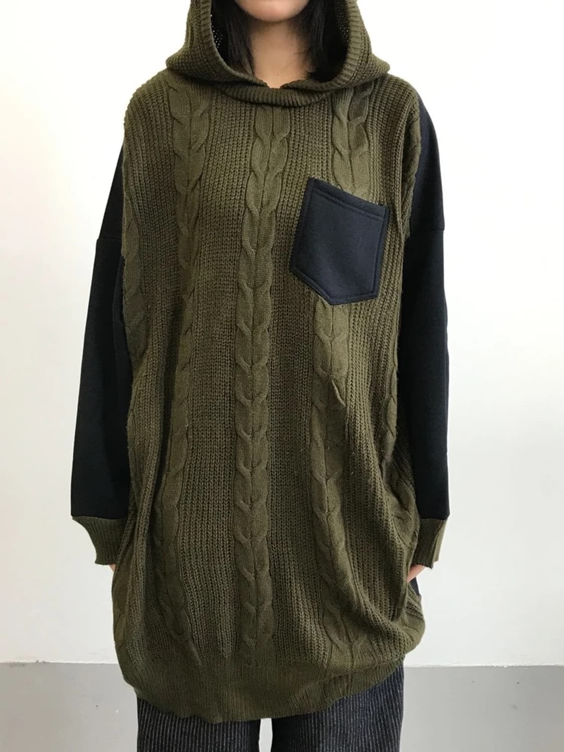 SMILE LAND Color Block Cable Knit Hoodie 상품이미지1