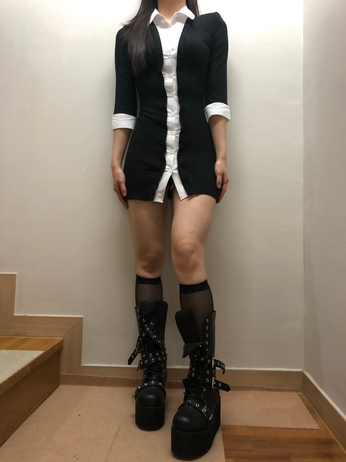 빈티지 블랙 앤 화이트 셔츠 레이어드 원피스 상품이미지3
