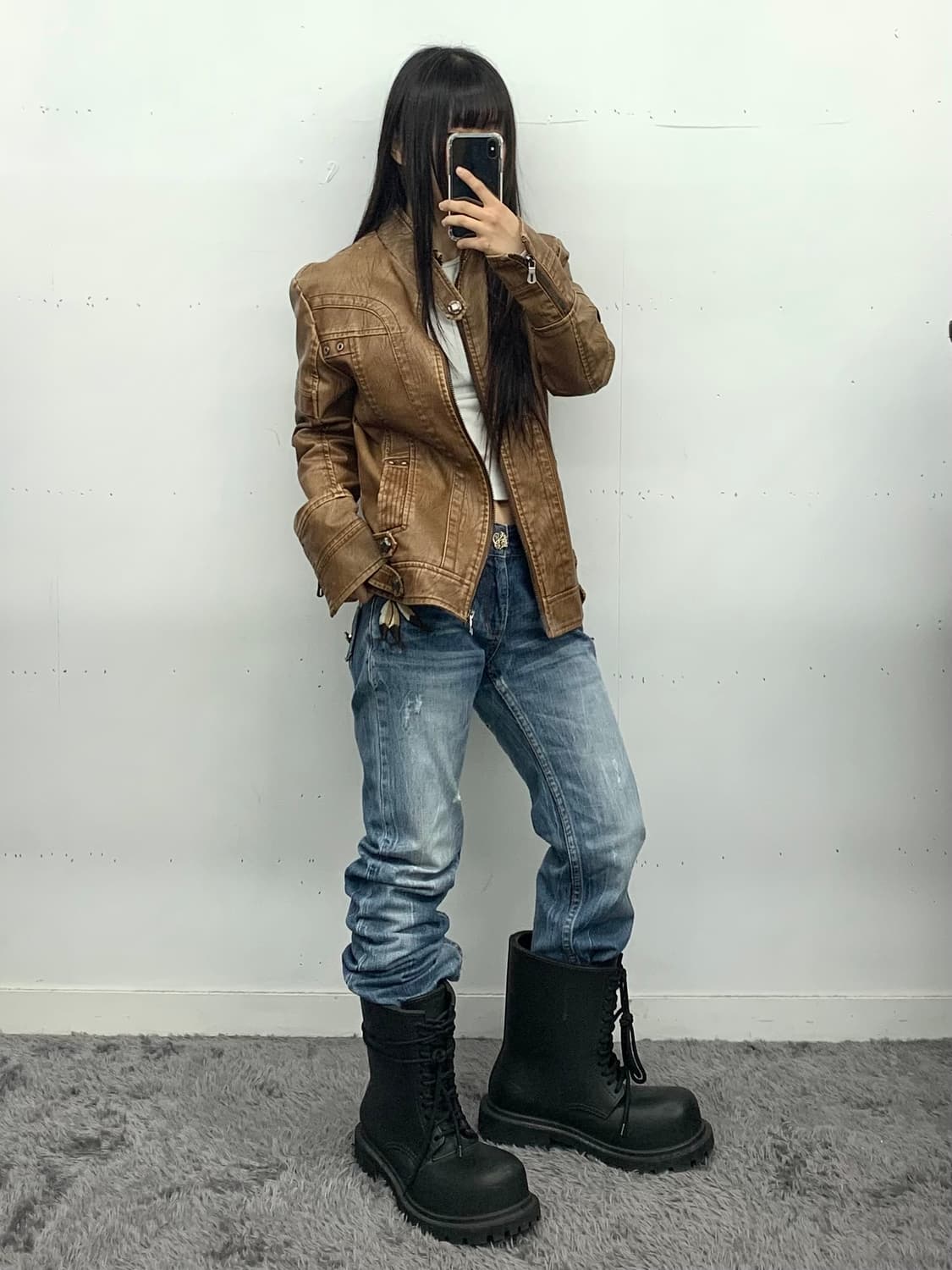 브라운 큐빅 디테일 레더자켓 상품이미지1