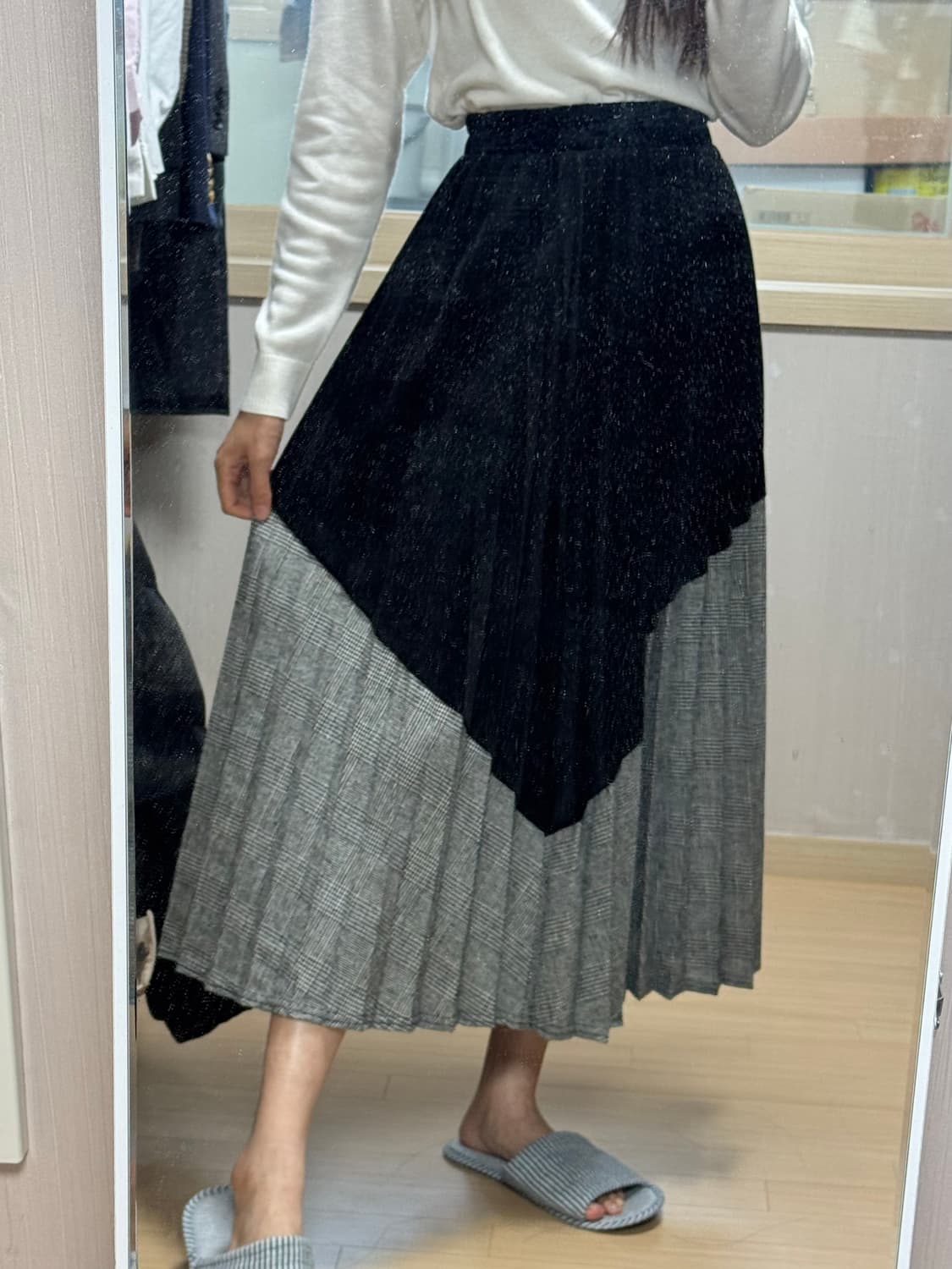 일본 수입 허리 고무밴딩 벨벳 체크패턴 롱스커트 상품이미지7