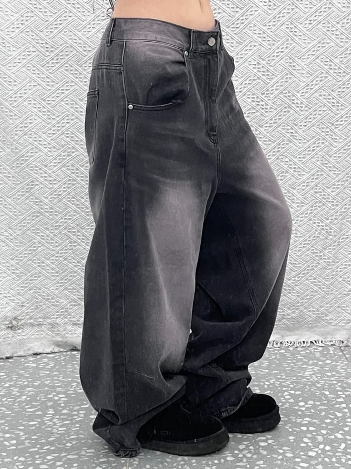 스웨이드 빈티지 스트릿 펑크 흑청 워싱 벌룬 데님팬츠 L C11847 상품이미지1
