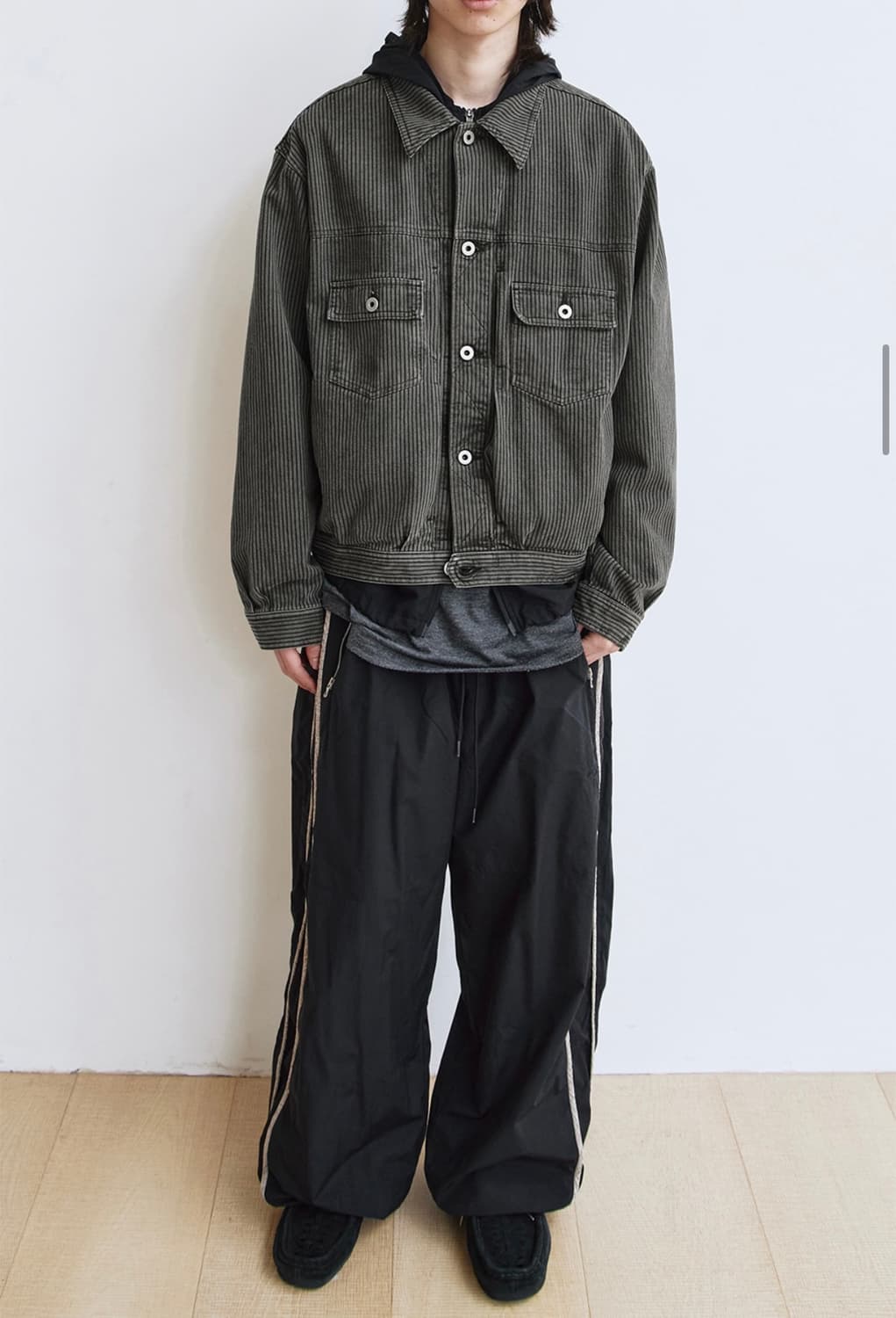 폴리테루 유즈드 트러커 자켓 다이드 그레이 (스트라이프, 재패니즈 패브릭 상품이미지3