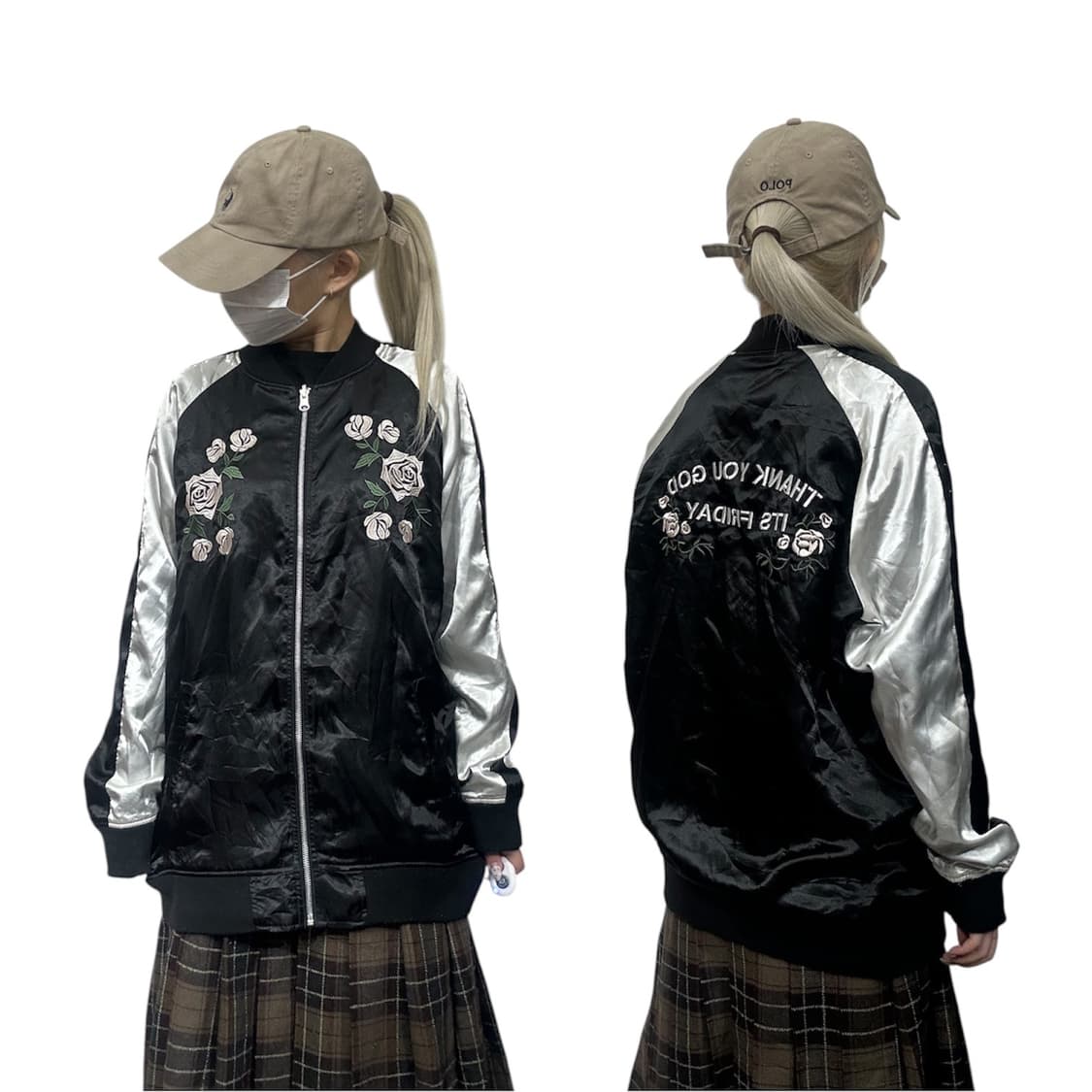 일본 빈티지 블랙 화이트 꽃 자수 스카잔 올드스쿨 자켓  상품이미지1