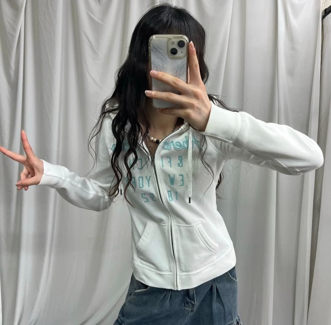 빈티지 y2k 아베크롬비 퓨어화이트 베이비블루 버블검 후드집업 딱붙핏 상품이미지3