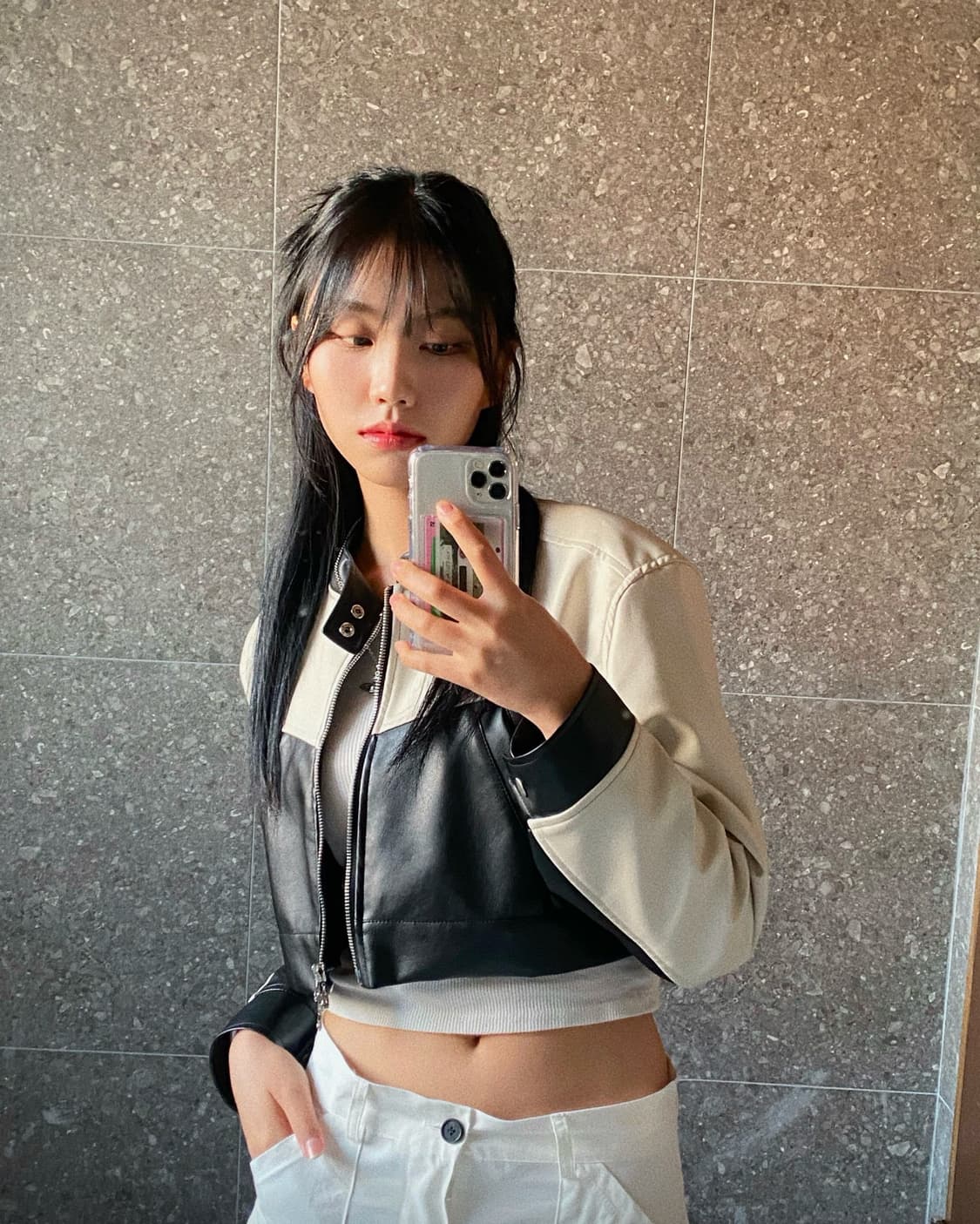 WOMEN 맥시 크롭 투웨이 배색 가죽 라이더자켓 [Black_White 상품이미지1