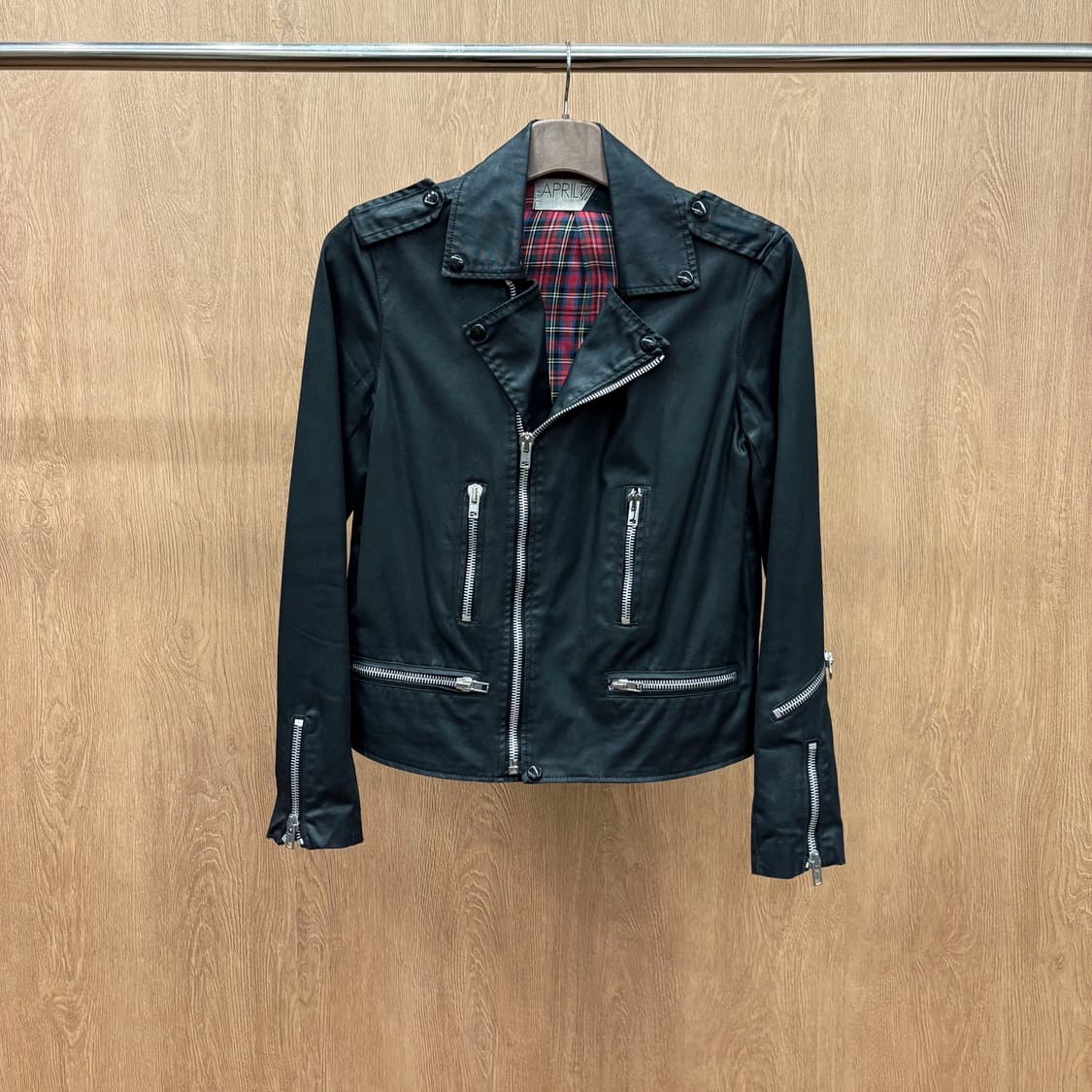 빈티지 코튼 라이더 자켓 숄더 견장 메탈 지퍼 체크 안감 디테일 블랙 상품이미지2