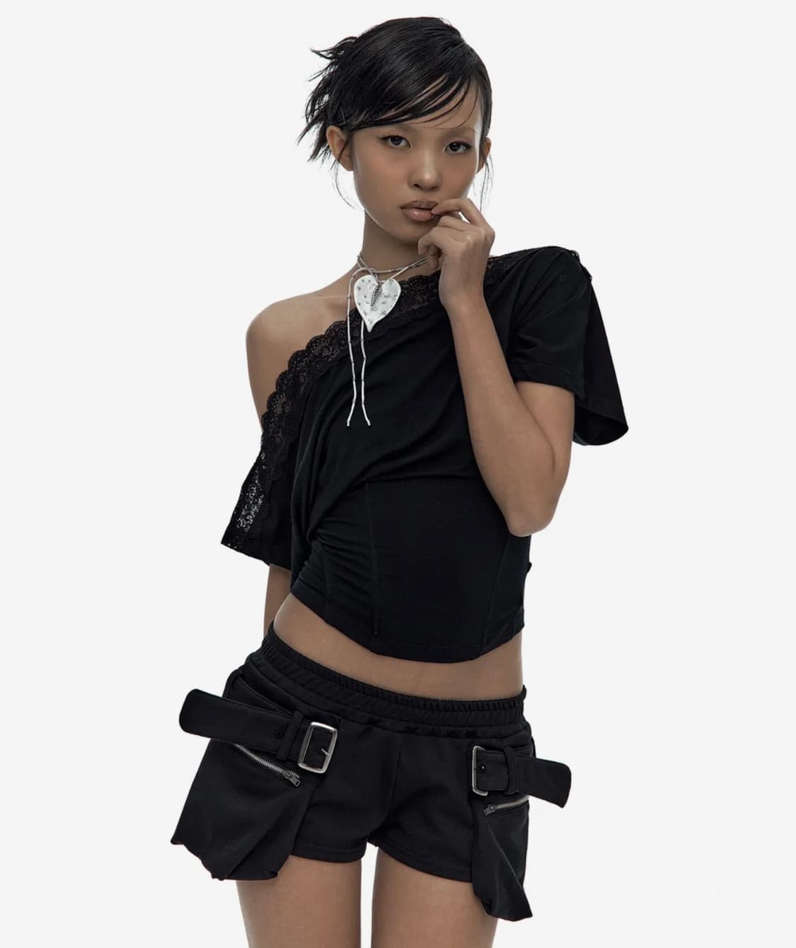 카시코 Lace One Shoulder Corset Tee Black 상품이미지1