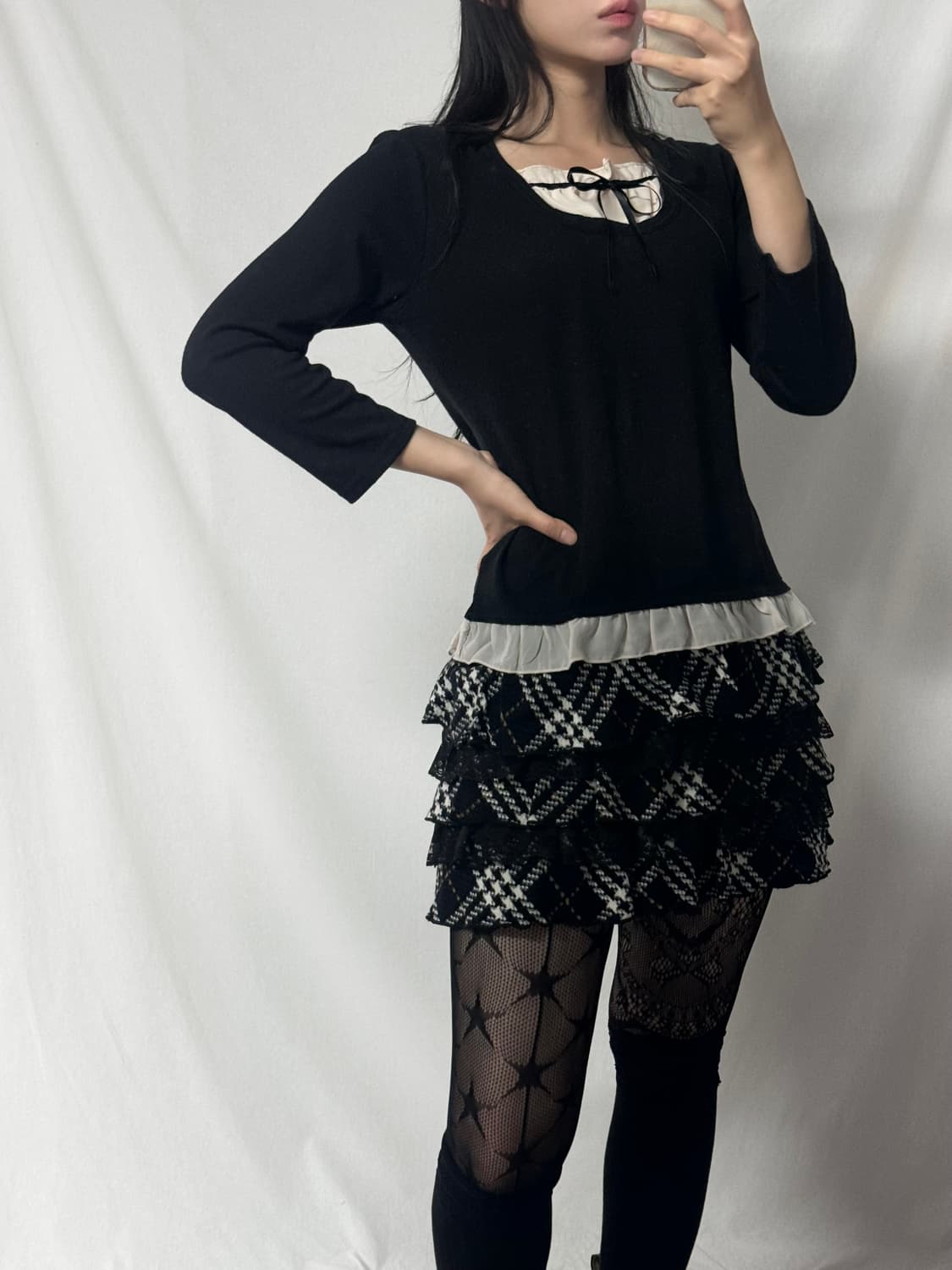 셔링 리본 넥 레이어드 탑 상품이미지5