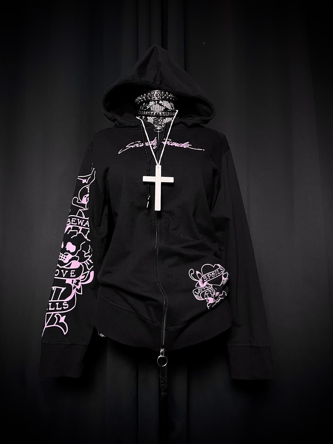 JPN 펑크 블랙 핑크 레터링 후드집업 상품이미지2