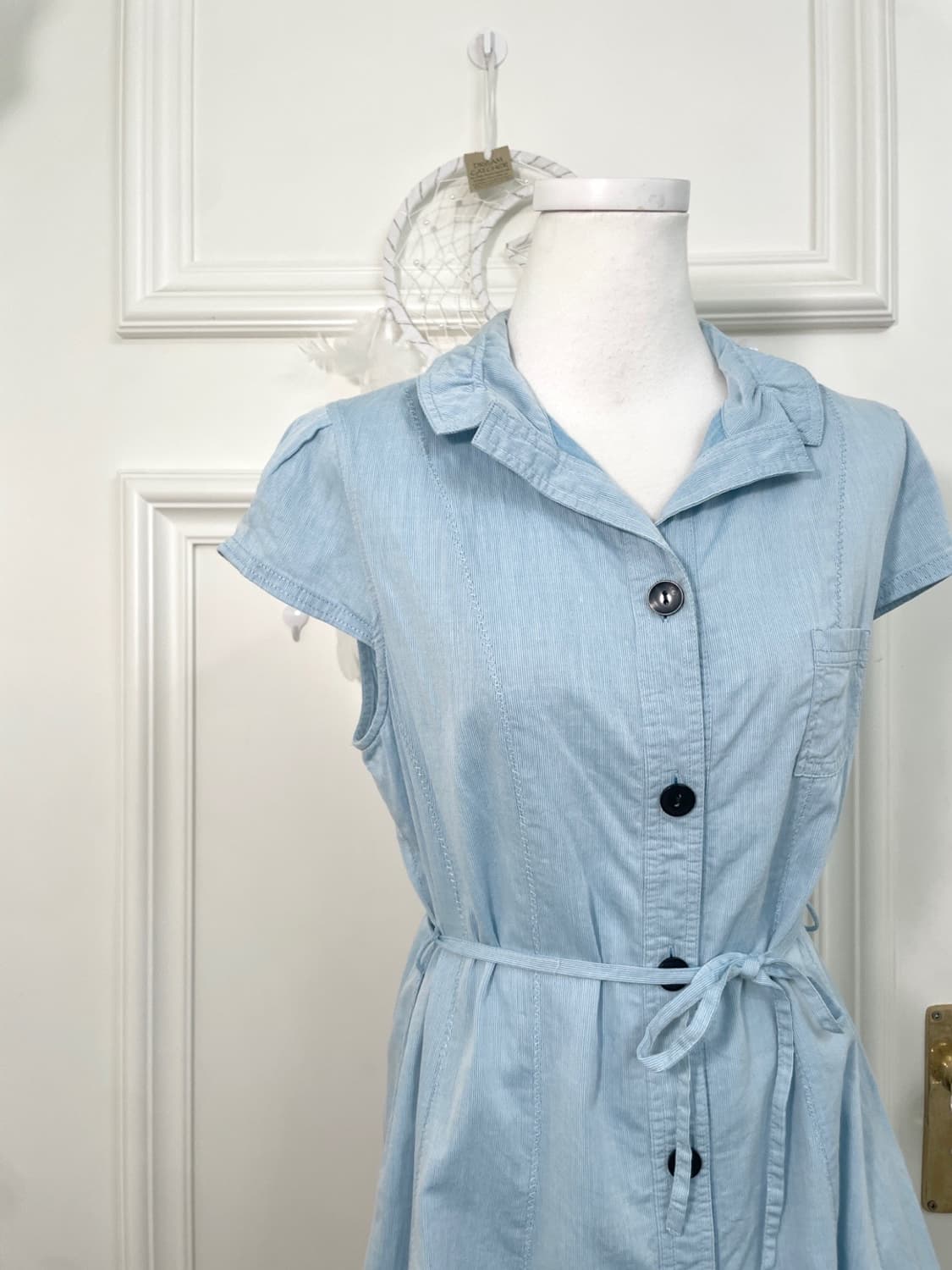 sky blue puff sleeve cotton belt mini op 상품이미지4