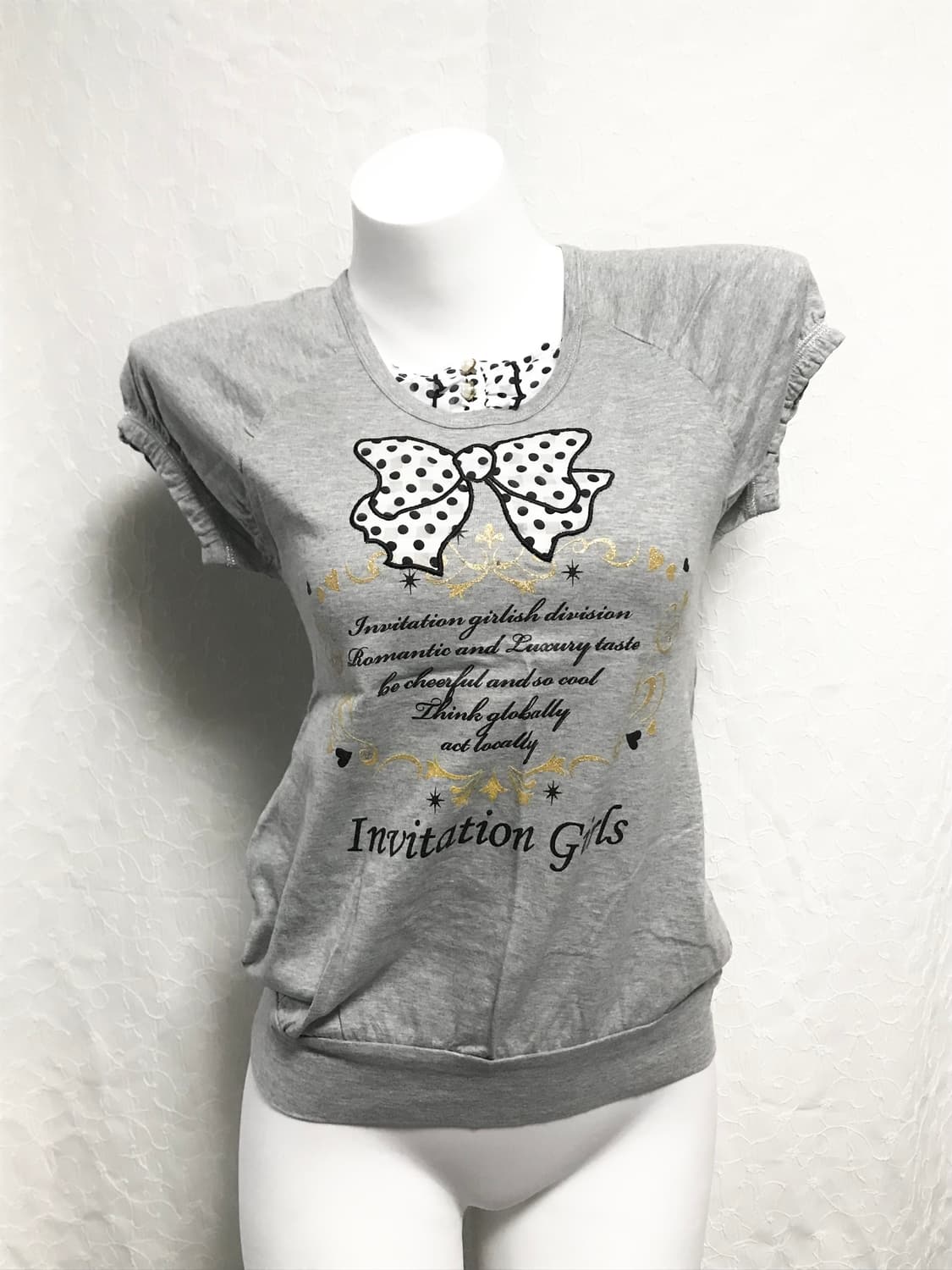 빈티지 헤이세이 니혼진 도트 리본 퍼프 반팔 탑 상품이미지1