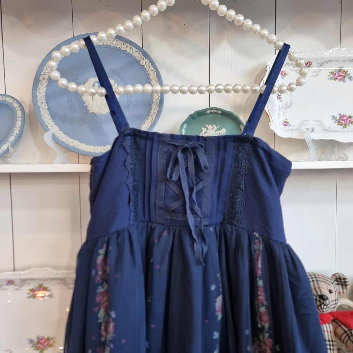 엑시즈팜(axes femme) 네이비 플로럴 체크 레이어드 원피스 상품이미지2