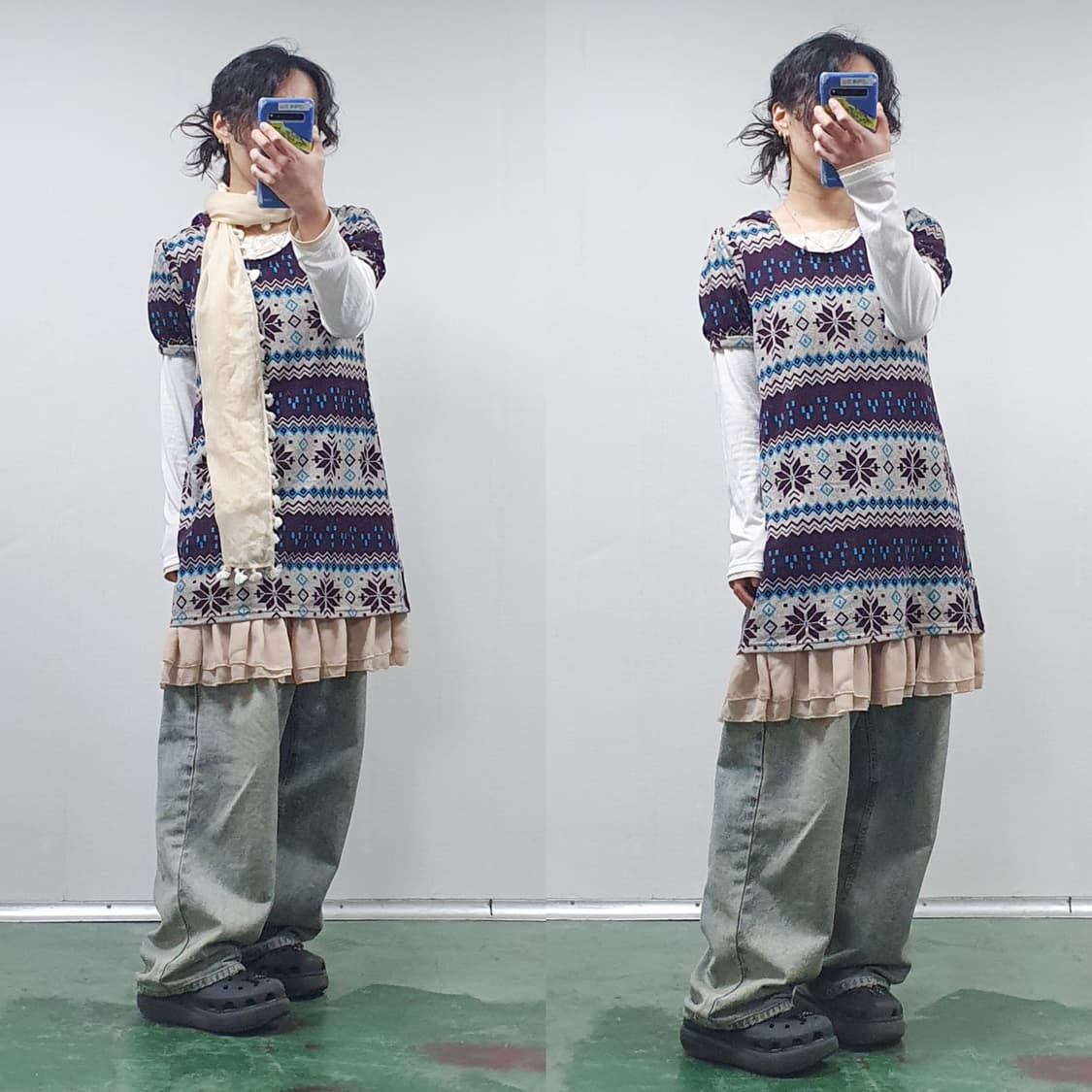 노르딕 반소매 후드 프릴 레이어드 원피스 상품이미지1