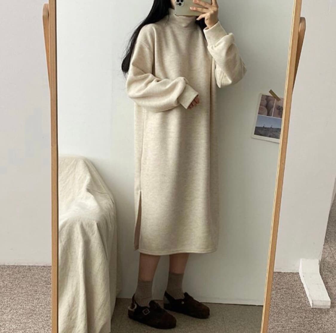오늘만이가격) 보카시 오트밀 아이보리 베이지 크림 목폴라 터틀넥 원피스 상품이미지2